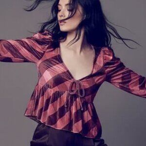 $78 NWT ANTHROPOLOGIE MAEVE velvet babydoll top pink plaid S